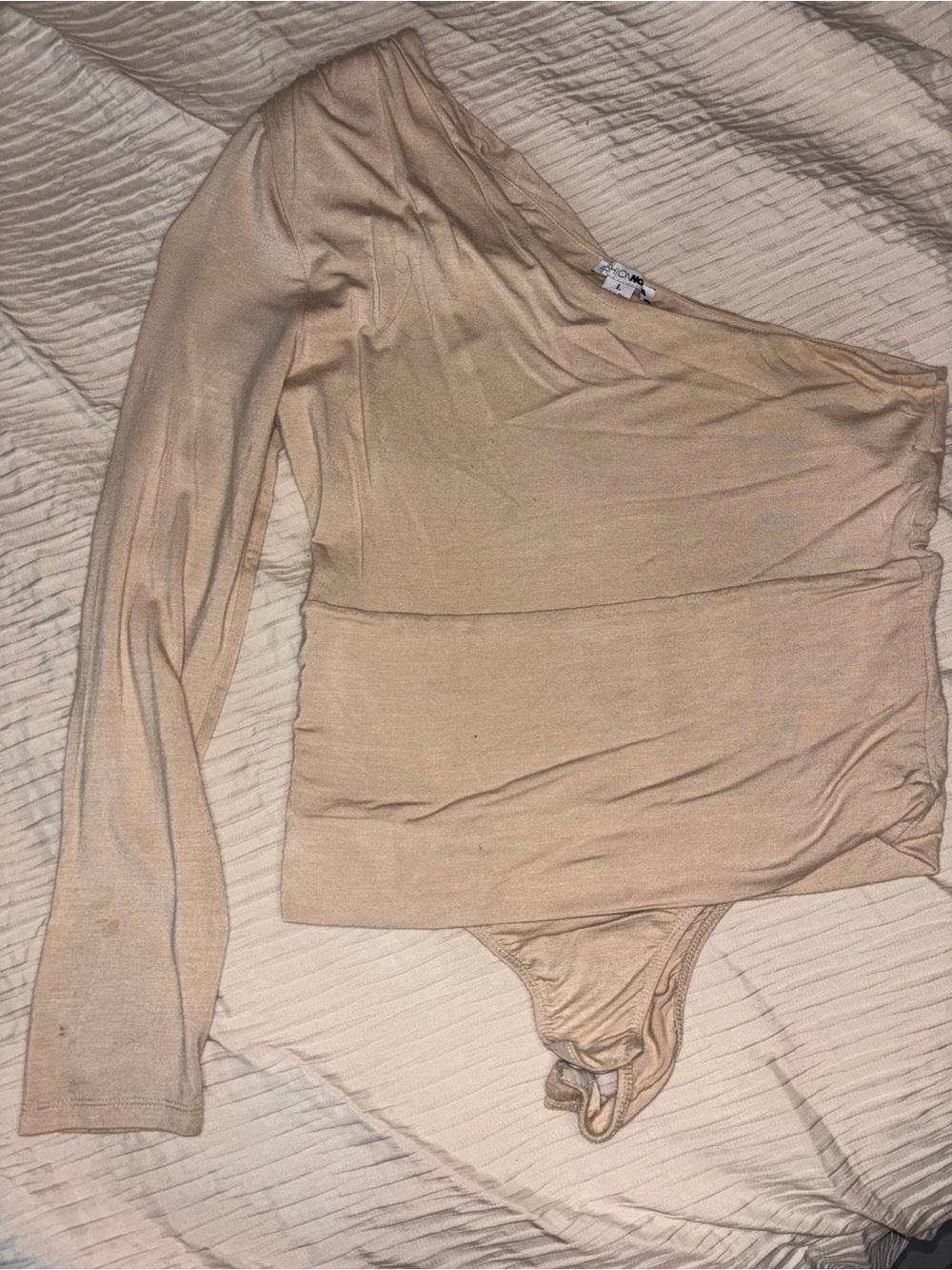 Fashion Nova One-Shoulder Long Sleeve Bodysuit - Tan
